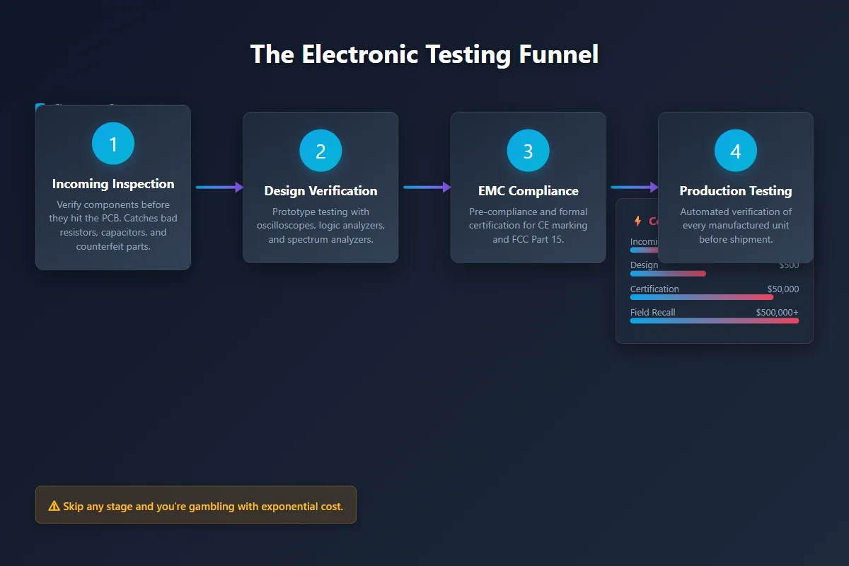 Electronic testing funnel diagram showing four stages from incoming inspection to production